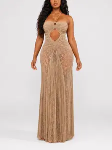 Sculpt Touch Snatch Women’s Cutout Knit Strapless Maxi Dress Sexy Body-Hugging Boho Style for Vacation Party Resort Wear