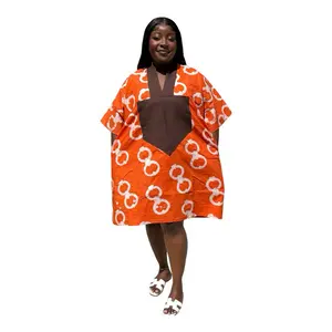 Chic Short Bubu Adire Dress with Aso Oke Detail – One Size, 100% Cotton