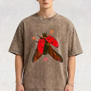 Sparkling Ladybug Unisex Vintage Washed Tee Vintage Distressed Coloful Tee - Oversized Wash Shirt - Natural Theme Unisex Streetwear Shirt Round Neck