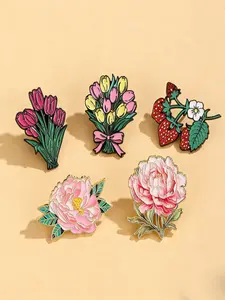 5-Piece Enamel Badge Set, Flower Brooch Pin, Dutch Style Tulip Peony Strawberry Bouquet Badges, Multi-Color, Durable Collection, Perfect Gift