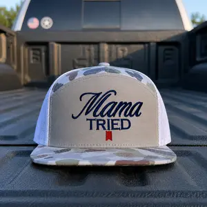 Mama Tried Trucker Hat, Embroidered Flat Bill Mesh Snapback Cap, Adjustable Grey Camo Outdoor Country Western Hat for Men & Women