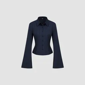 Cider Collar Striped Cinched Waist Bell Sleeve Shirt