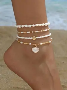 Bohemian Pearl Beaded Anklet Set, Ocean Wind Conch Shell Scallop Anklets, Summer Beach Vacation Jewelry Gift