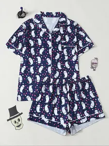 Halloween Ghost Print Knit Fabric Women's Short Sleeve Lapel Pajama Set, Soft Breathable Casual Home Wear, Cute Daily Sleepwear