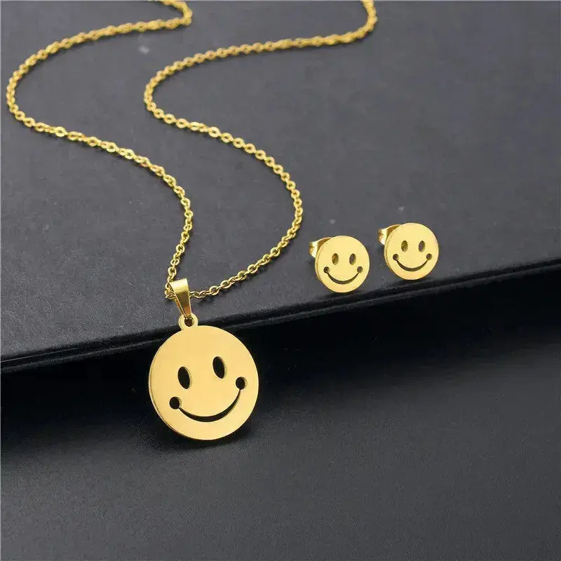 Smiley Face Necklace | Earring Set | Happy Face Gold | Stainless Steel | Chain | Pendant | Gift jewelry women