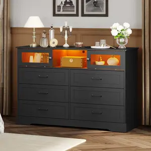 Sikaic LED Dresser with 6 Storage Drawers Black Wood Cabinet Chest