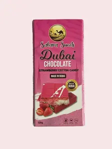 Sahara Sweets Dubai Chocolate Bar - Handcrafted White Chocolate with Strawberry Cotton Candy Filling. Authentic flavors from Dubai