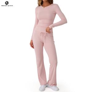 TRENDY QUEEN Pink 2-Piece Lounge Set for Women Long Sleeve Top & Fold-Over Flare Leggings All-Seasons Comfortable Tracksuit Y2K Outfit Soft Stretchy Material