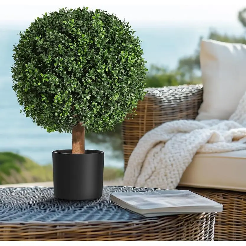 GARVEE 24 Inch Artificial Topiary Boxwood Ball Trees, Set of 2 UV Resistant Plants,Faux Boxwood with 6"x5" Pots for Front Porch, Indoor Walkway, Entryway Decorating