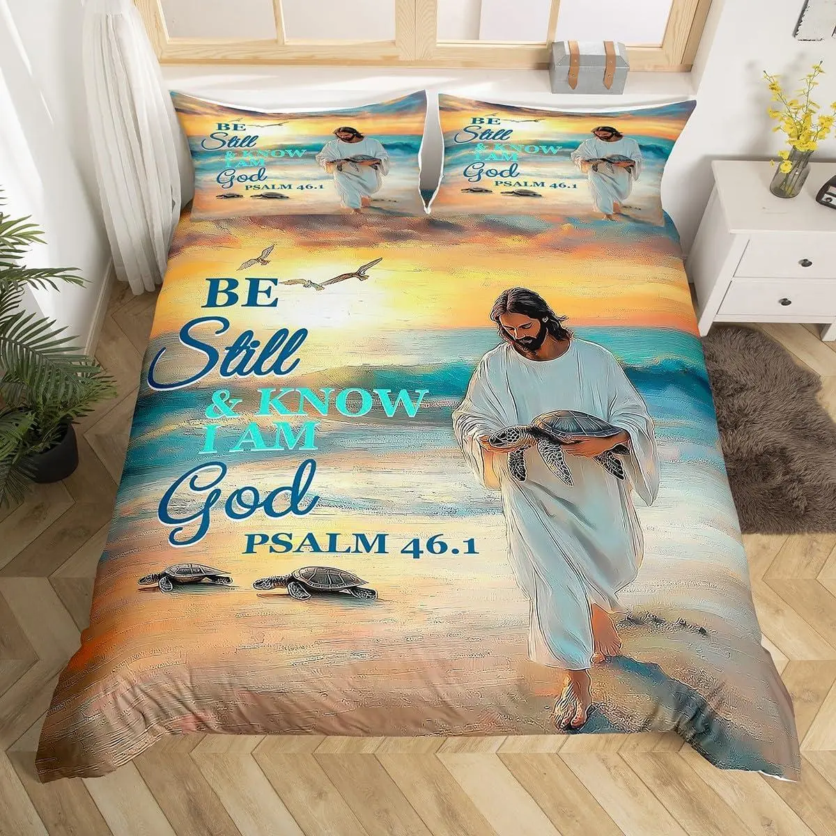 Bible Verses Duvet Cover Set,Ocean Beach Bedding Sets Room Decor,Bible Verses Theme Comforter Cover Inspirational Quotes Quilt Cover