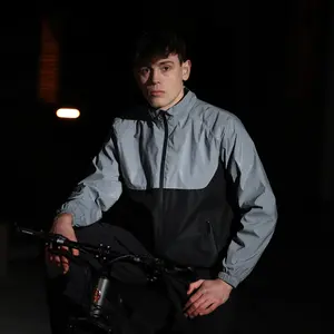 Color Block Reflective Windproof Cycling Jacket Black Gray Casual Zipper Street Style Night Safety Jacket for Enhanced Visibility and Protection