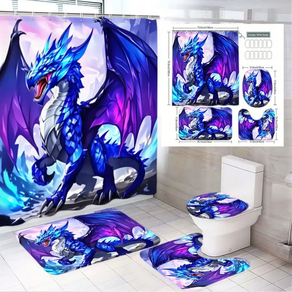 1/4pcs Majestic Anime-Style Ice Blue Crystal Dragon Bathroom Set - Stylish Shower Curtain with Dramatic Royal Purple Wings, Matching Toilet Lid Cover & Rugs for a Fantasy-Themed Home Décor - Perfect for Winter Wonderland Aesthetic