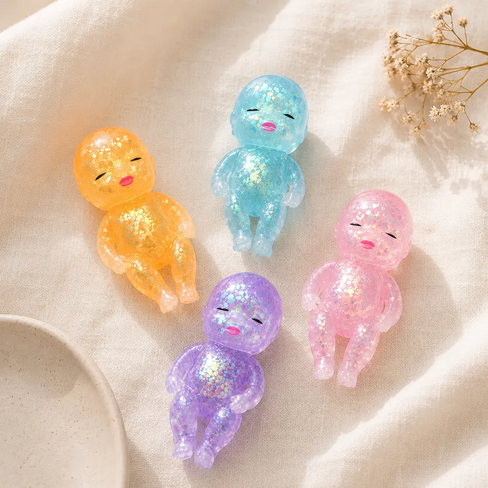 Cute Glitter Baby Doll Squishy Toy – Colorful Translucent Squeeze Sensory Fidget Toy for Kids & Adults, Stress Relief, Party Favor, Birthday Gift & Stocking Stuffer