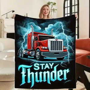 Red Truck Lightning Clouds Flannel Blanket Black Background Thunder Design Super Soft Warm Cozy for Sofa Bed Car Fashionable Home Decoration