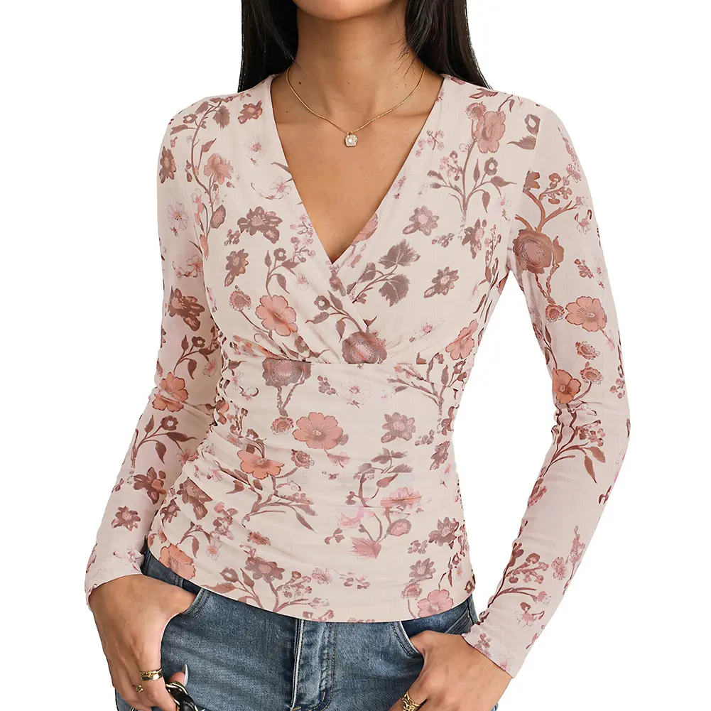 GRACE KARIN Womens Boho Mesh Tops Long Sleeve Blouses Dressy Casual | Wrap V Neck Floral Tops, Ruched Waist, 2026 Fall Fashion Clothes, Elegant Going Out Tops