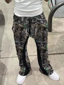 Men's All Over Print Drawstring Waist Flare Leg Pants, Street Fashion Casual Pocket Trousers for Daily Wear, Men's Bottoms for Fall & Winter