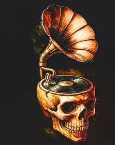 Halftone Skull Gramophone Design Only for Black Fabric Ready to Press Heat Transfer DTF Transfer Direct to Film