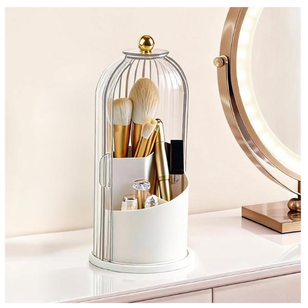 360° Rotating Makeup Brush Holder with Lid, Waterproof Three-Compartment Makeup Organizer, 180° Side-Pull Door Desk Organizer, Dustproof Brush Holder for Vanity and Bathroom (Transparent)