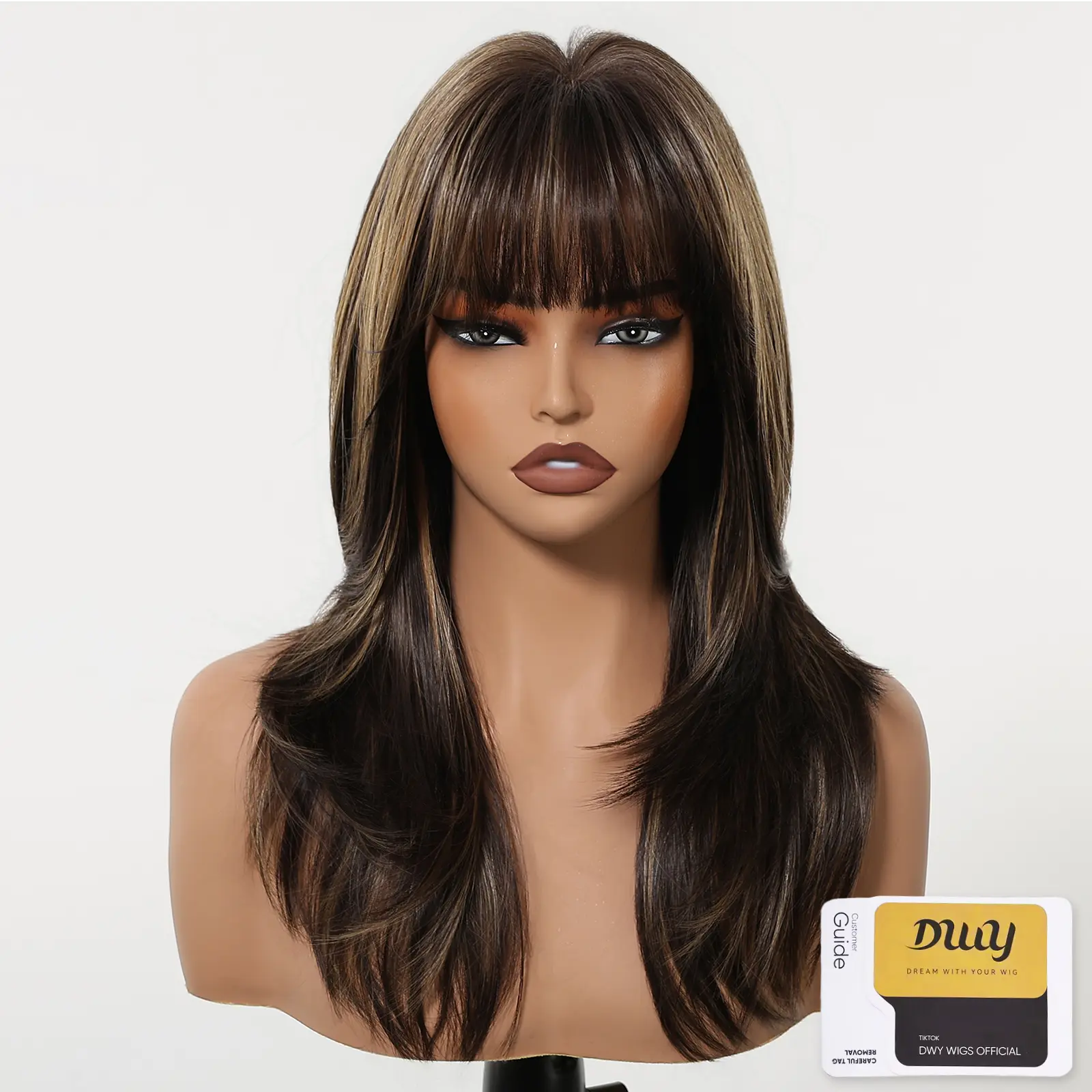 DWY Solana Synthetic Wig for Women, 20-Inch Long Wave Dark Brown Hair with Bangs, Glueless Bionic Silk Top for a Comfortable Fit & Fashionable Look, Synthetic Hair, Casual Synthetic Full Machine Wigs