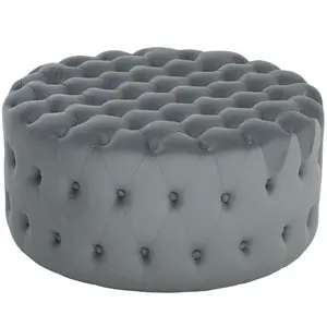 HOMCOM 31.5" Round Ottoman, Large Velvet-Feel Upholstered Foot Stool with Button Tufted Design and Padded Seat for Living Room, Entryway, Light Gray