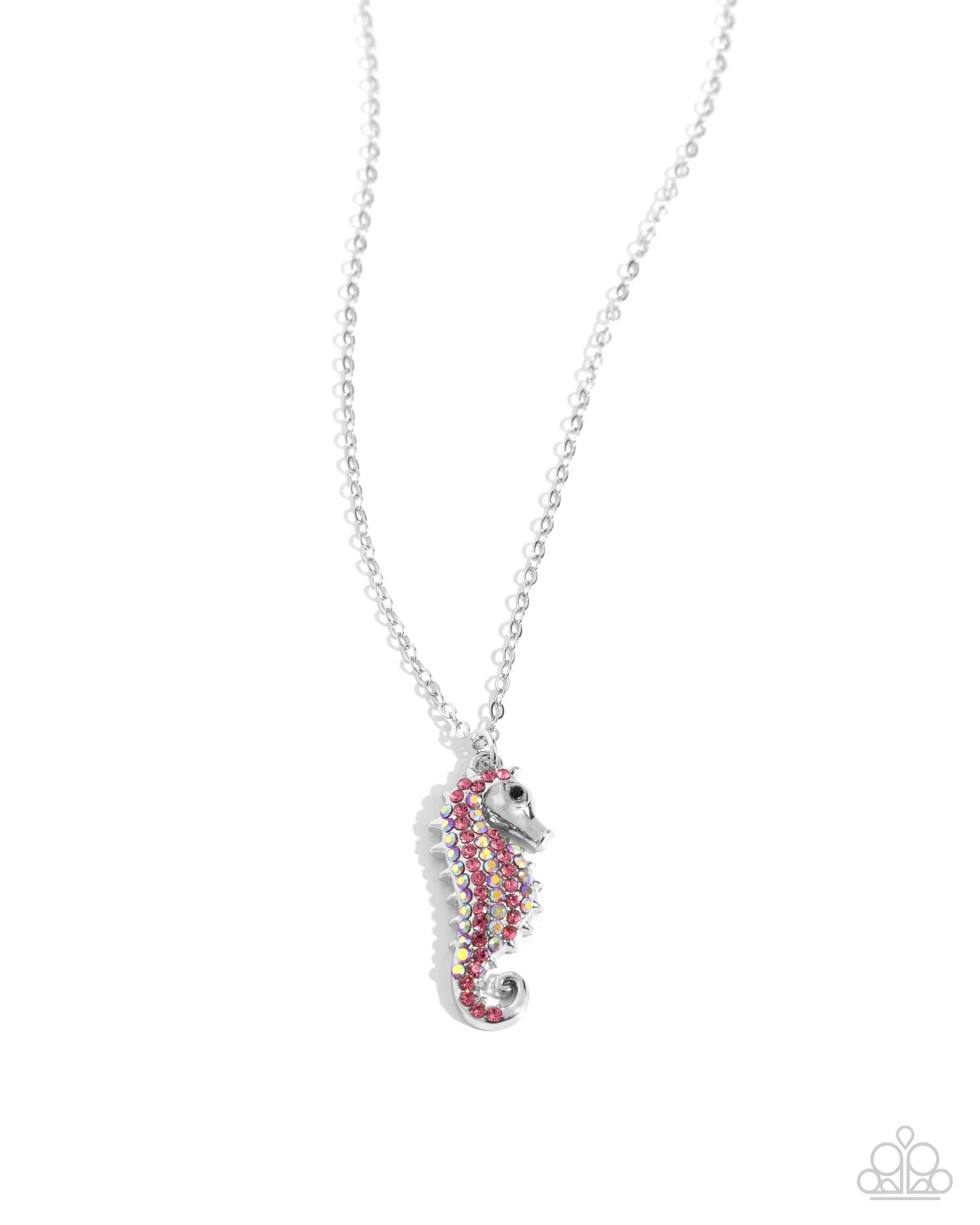 Seahorse Sailor - Pink and Iridescent Rhinestone Covered Silver Seahorse with Black Rhinestone Eye Pendant Necklace