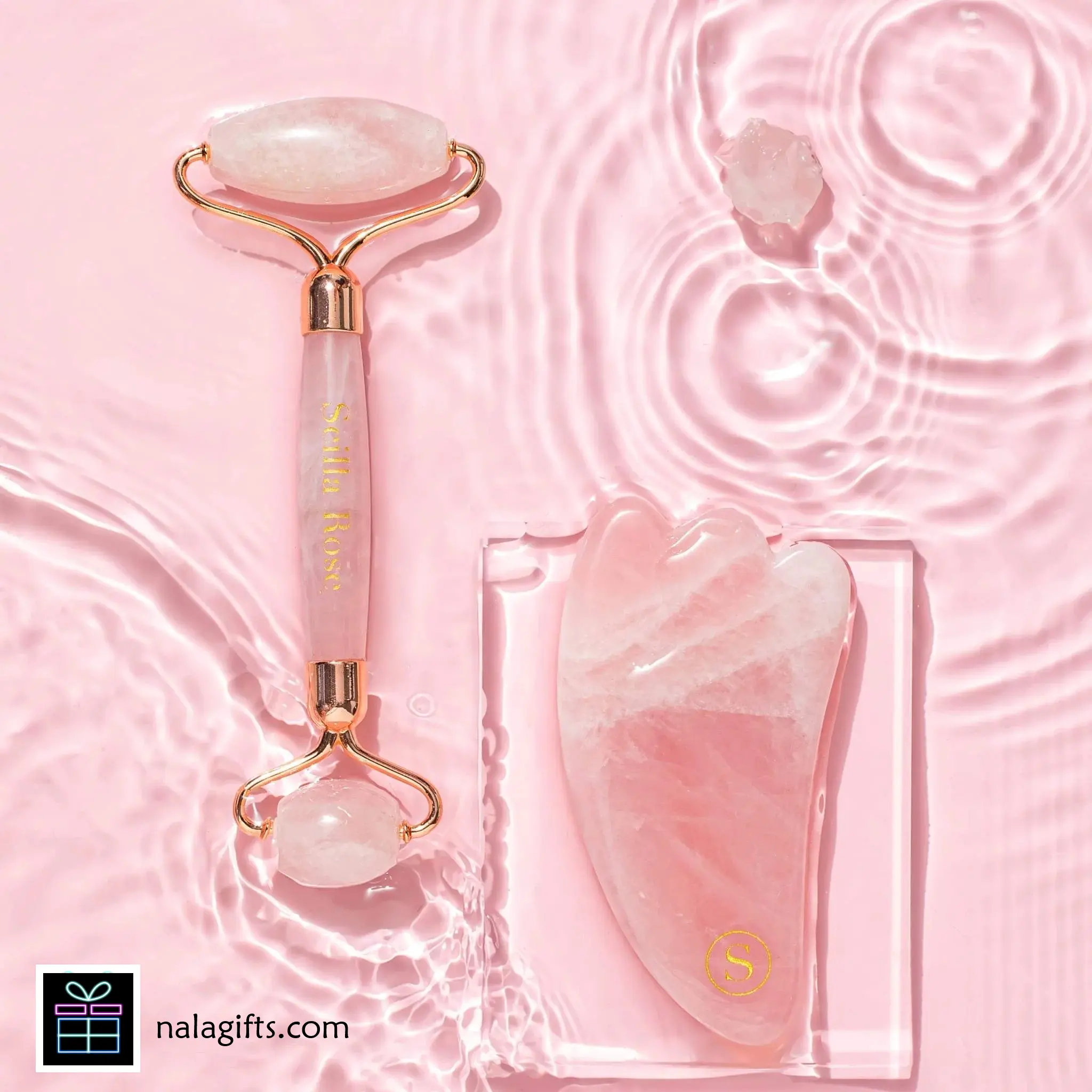 Scilla Rose Ultimate Rose Quartz Beauty Set - Double-Sided Roller, Gua Sha Tool, Raw Stone, Facial Massage & Contouring,  Luxury, Firming,facial yoga,