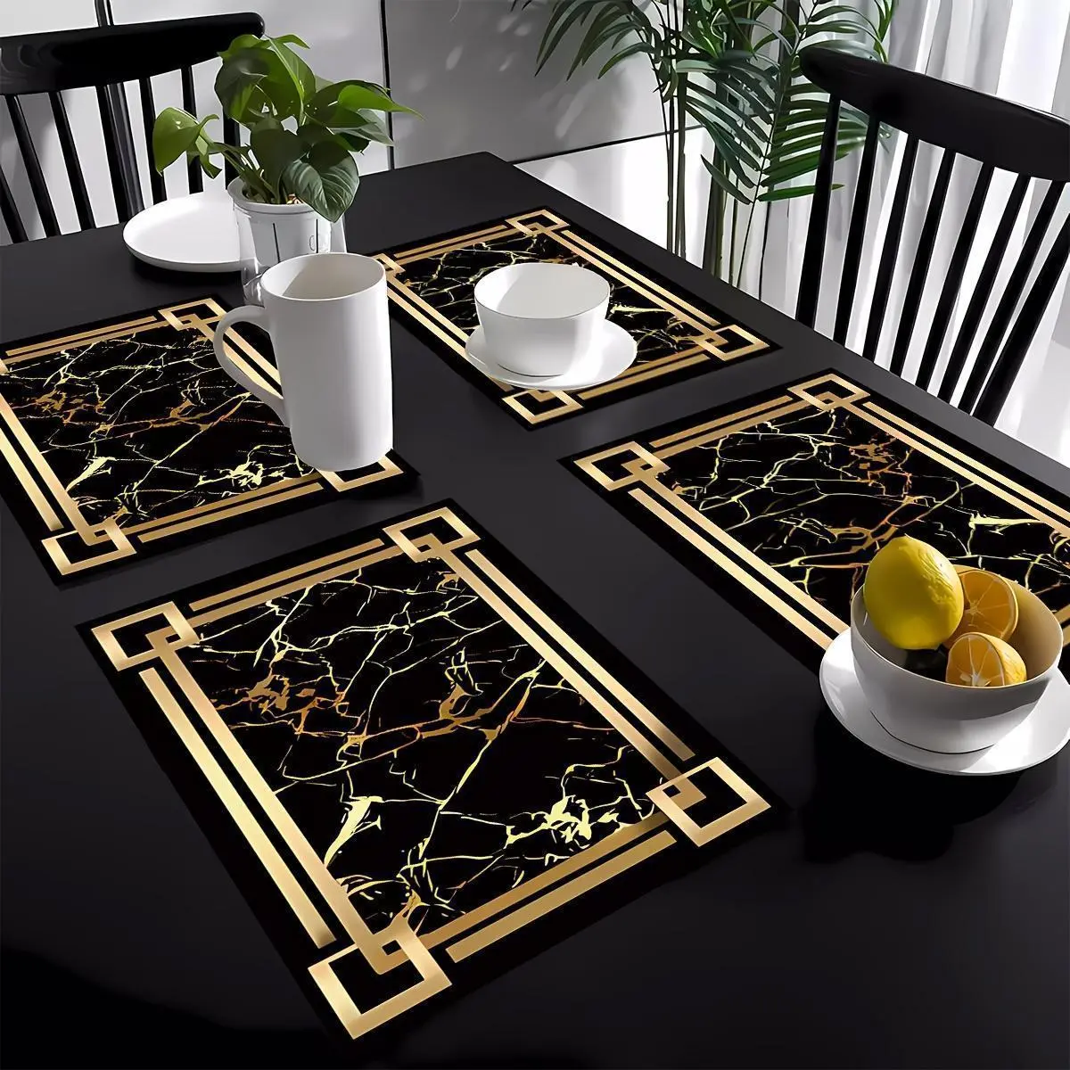 4pcs Black-Golden Printed Rectangle Table Mats Set, Household Kitchenware for Home Dining Tables, Party Decoration