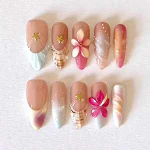 Island Blossom Press-On Nails – Tropical Flower & Starfish Design, Summer Beach Vacation Nails, Handmade Coastal Ocean Nails, Luxury Nail