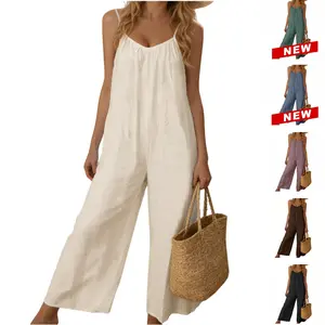 Tanming Womens Backless Spaghetti Strap Jumpsuit Sleeveless Tie Back Long Wide Leg Romper with Side Pockets Casual Loungewear Outfit
