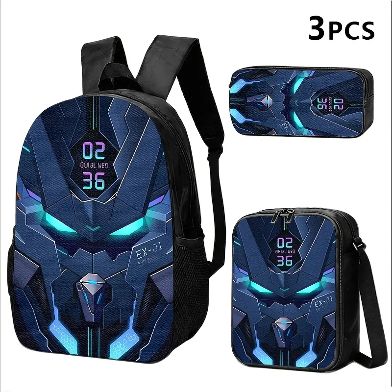 3-Piece Water-Resistant Backpack Set, Futuristic Neon Mecha Robot Print for Back to School, with Insulated Lunch Box & Pencil Case, Fits 15-Inch Laptop, Back To School Haul, 3Pcs, Cyberpunk, Unisex, Campus Life, School Pack