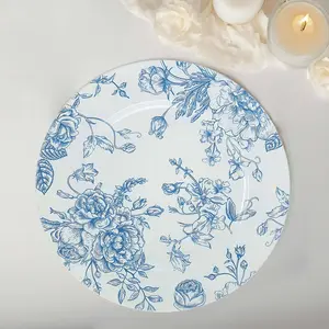 6-Pack Acrylic Charger Plates 13" Round White with Light Blue Floral French Toile Pattern - Decorative Dinner Party Charger Tableware