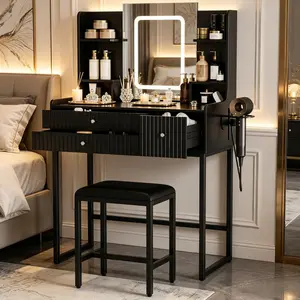 31″ Small Vanity Desk with Mirror and 3‑Color Lights, Makeup Vanity Set with Built‑in Charging Station & 6 Storage Shelves – Dressing Table with 3 Drawers for Bedroom