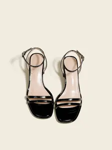 Women's High Heel Sandals, Chunky Heel Electroplated Sandals, Thin Strap Comfortable Work Sandals, Square Heel Simple Sexy