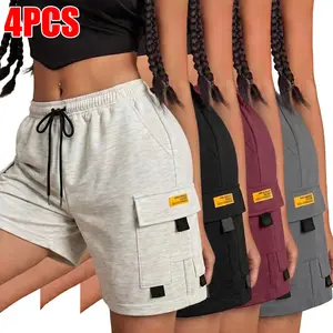 Set of 4 women’s casual cargo pants featuring elastic waist and drawstring; comfortable, breathable fabric suitable for vacations, commuting to work, sports, and street casual wear; women’s shorts; summer style; womenswear.