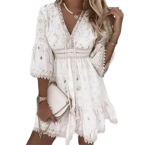 Elegant women White Hollow mini dress summer V-neck patchwork lace up three quarter sleeve ladies vacation beach drescasual womenwear elegant formal white dress