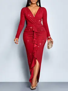 Women's Elegant Aesthetic V-Neck Long Sleeve Fitted Dress, High-Waisted Ruffled Hem, Perfect for Christmas Parties, Holidays, Dates, Valentine's Day, Womenswear