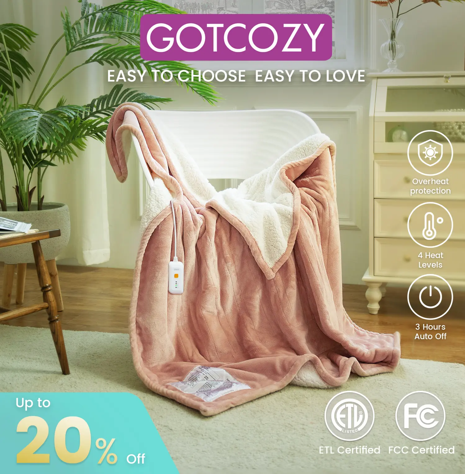 GOTCOZY Heated Blanket Throw, 50''x60'' Electric Blanket for Bedroom, 4 Heating Levels, 3-Hour Auto Off, ETL Certified, Machine Washable Household Appliance