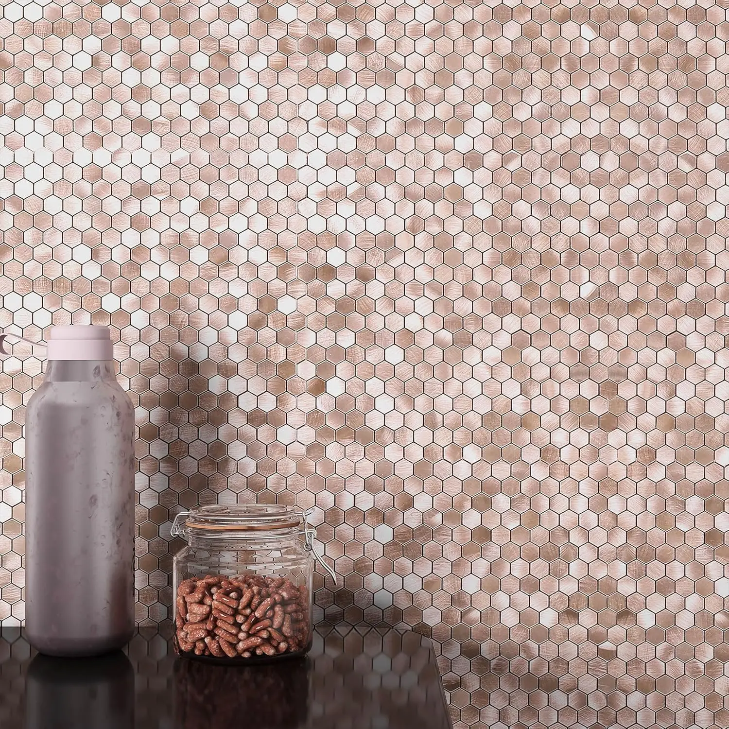 Peel and Stick Backsplash Kitchen Mosaic Tiles Penny Hexagon Small Metal Stickers(10PCS,Rose )