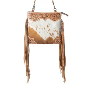 Genuine Leather Hand-Tooled Fringe Bag for Women, Casual Western Cowgirl Shoulder Purse with Adjustable Strap, Light Brown