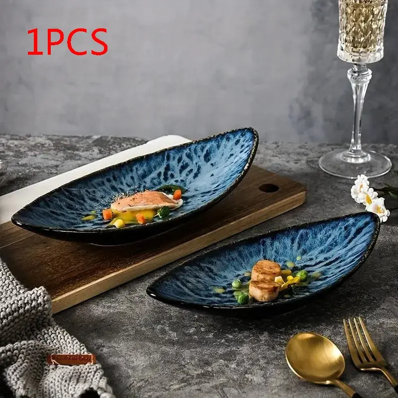 Blue Leaf Ceramic Plate Set, Aesthetic, Scratch Resistant, Microwave & Dishwasher Safe, Perfect for Sushi, Desserts, Appetizers, Daily Meals, Dinner Plates