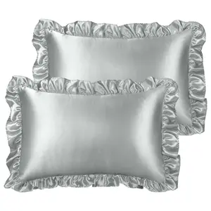 PiccoCasa Ruffled Pillow Shams Set of 2, Retro Silky Pillow Cover with Ruffle, 85 GSM Satin PillowCases with Envelope Closure Queen Silver Grey