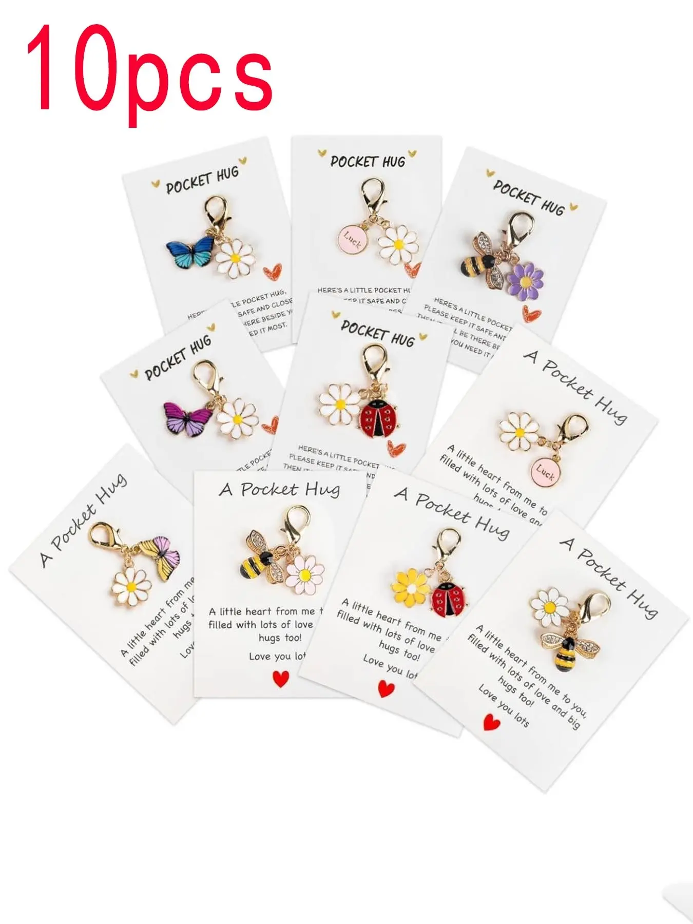 10pcs Insect and Daisy Keychain Charms with Inspirational Pocket Hug Cards, Employee Appreciation Gift Set, Thoughtful Gift for Family and Friends, Valentine's Day or Anniversary, Cute Keychain, Keychain Kawaii