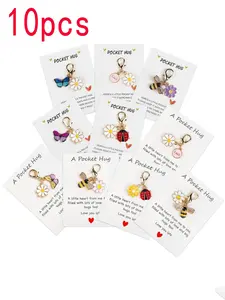 10pcs Adorable Insect and Daisy Keychain Charms with Inspirational Pocket Hug Cards, Pocket Hug Favors, Employee Appreciation Gift Set, Thoughtful Gift for Family and Friends, Valentine's Day or Anniversary, Keychain Series Figures, Cute Keychain