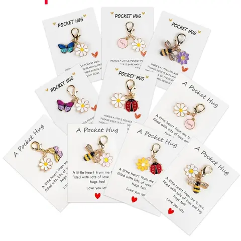 10pcs Insect and Daisy Keychain Charms with Inspirational Pocket Hug Cards, Employee Appreciation Gift Set, Thoughtful Gift for Family and Friends, Valentine's Day or Anniversary, Cute Keychain, Keychain Kawaii