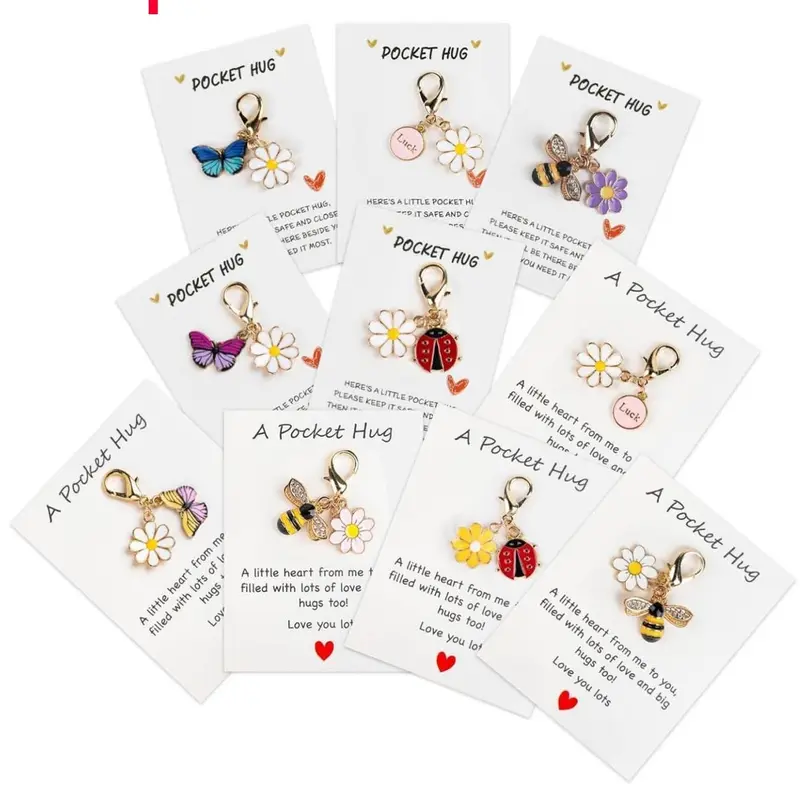 10pcs Insect and Daisy Keychain Charms with Inspirational Pocket Hug Cards, Employee Appreciation Gift Set, Thoughtful Gift for Family and Friends, Valentine's Day or Anniversary, Cute Keychain, Keychain Kawaii