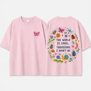 Comfort Colors The World Is Cruel Therefore I Won't Be Graphic T-Shirt, Cute Bugs & Sarcastic Quote Print Top Womenswear Tshirt Summer