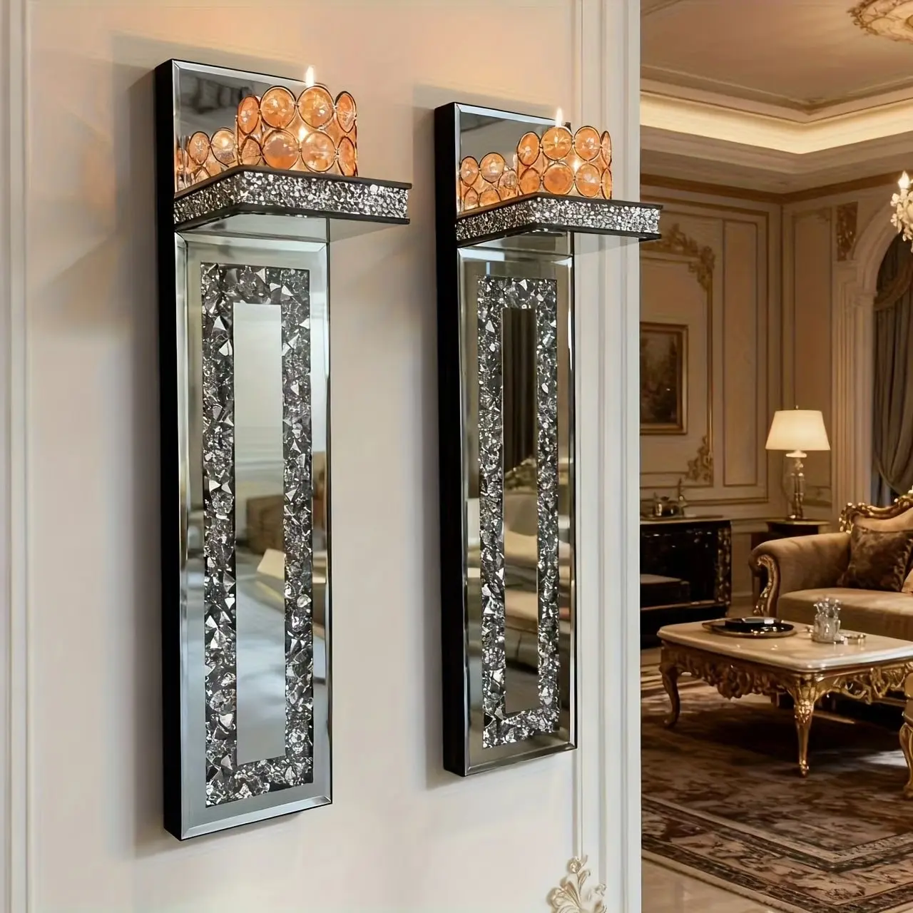 Ornament Candle Holders - 2-Piece Luxury Wall Sconce Set with Crystal Accents & Bow, Home Decor Decoration for Evening Engagement, Anniversary, Business Events, Christmas Aesthetic Living Room Supplies