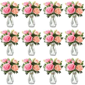 Janinka 37 Pack Fake Flowers with Vase Bulk 24 Bundles Artificial Peony Bouquet 12 Plastic Clear Vase with 1 Pcs Rope for Home Office Farmhouse Centerpiece Table Decor (Pink, Rose Red)