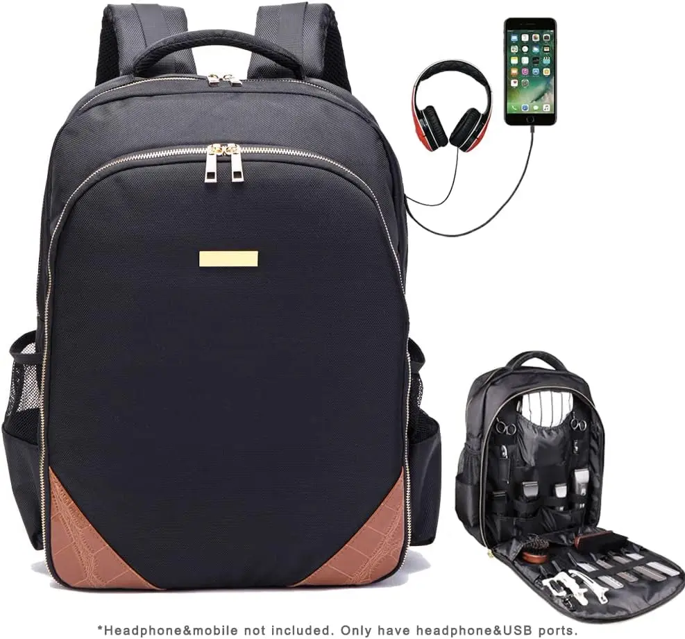 Barber Travel Backpack - Polyester Material, Metal Zippers, USB Port, Functional Storage for Hairstylist Clippers & Tools, Beginner Barber, Barber School
