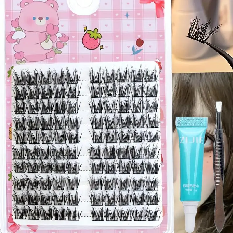 10 rows of exquisite Korean style black anime eyelash clusters - false eyelashes+eyelash glue+special eyelash clip, natural, dynamic, curly design, reusable for beginners, DIY length 9-15mm Cosmetic